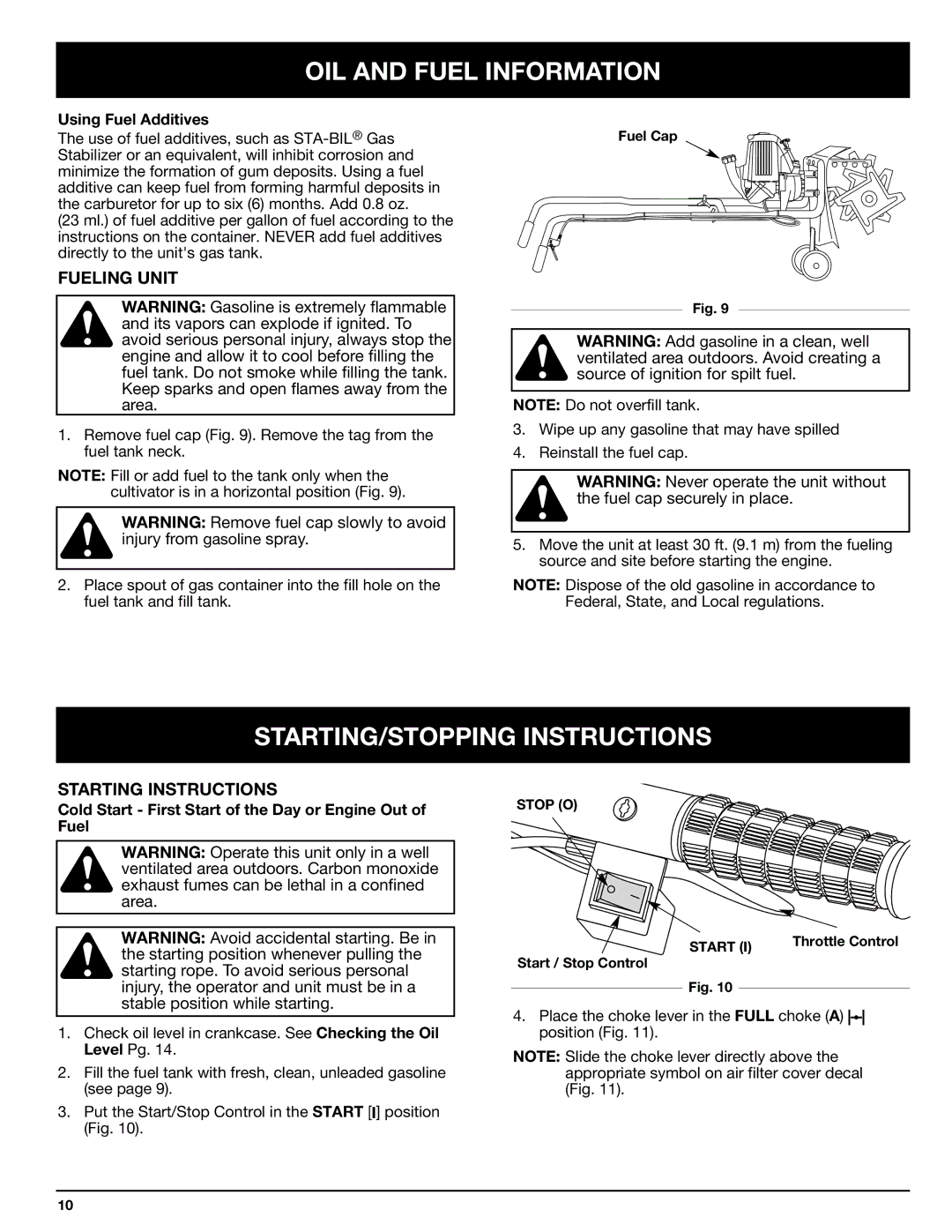 Ryobi Outdoor 510r manual STARTING/STOPPING Instructions, Fueling Unit, Starting Instructions, Using Fuel Additives 