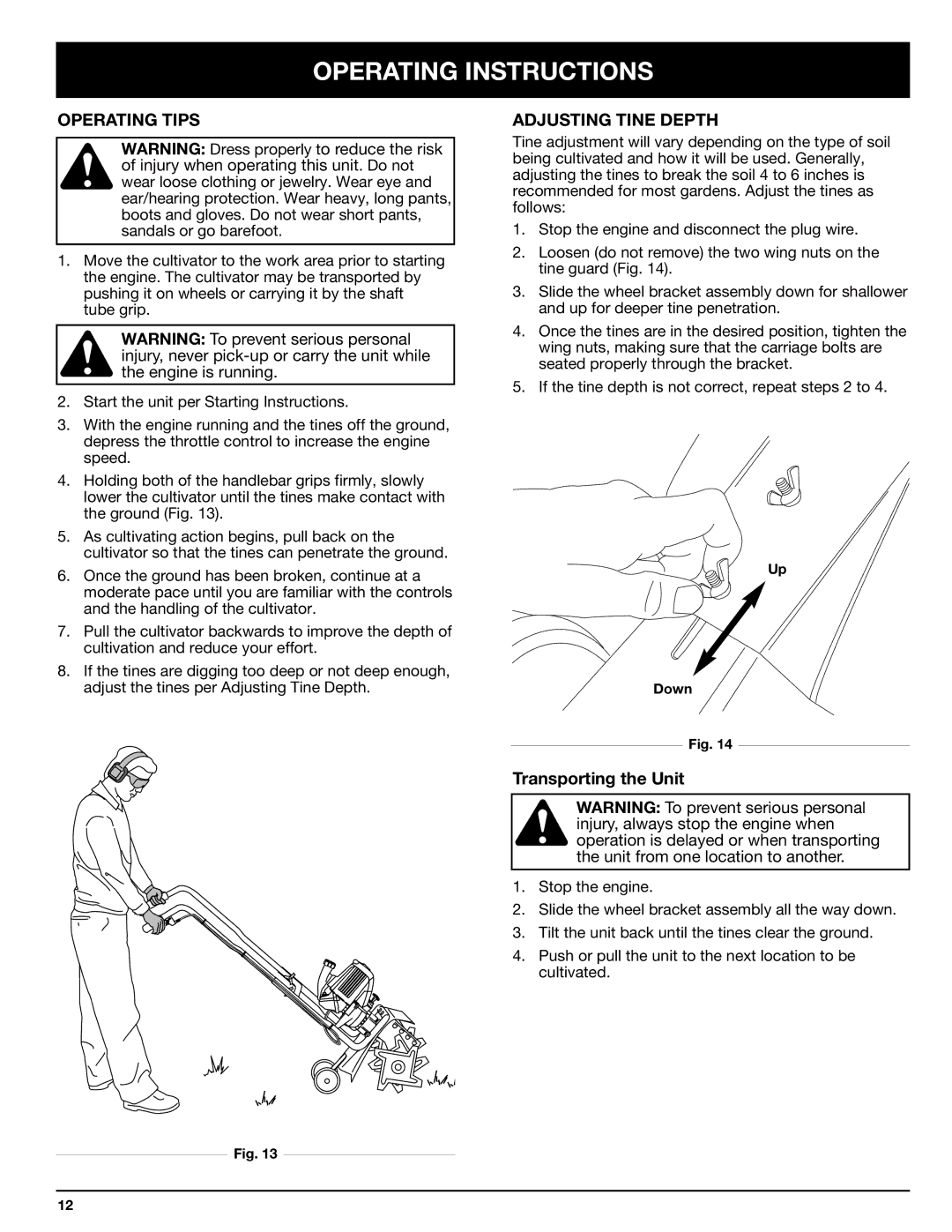 Ryobi Outdoor 510r manual Operating Instructions, Operating Tips, Adjusting Tine Depth 