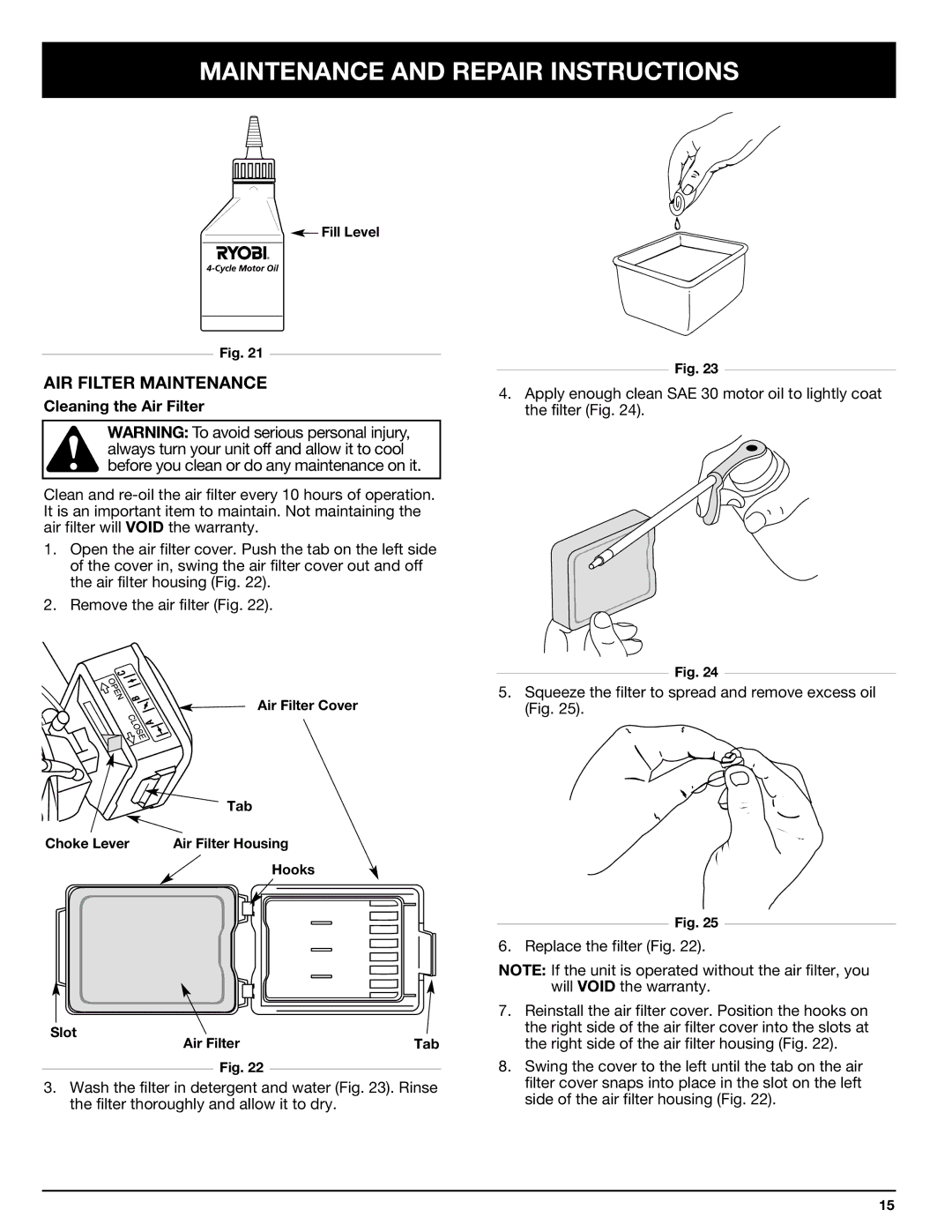 Ryobi Outdoor 510r manual AIR Filter Maintenance, Cleaning the Air Filter 