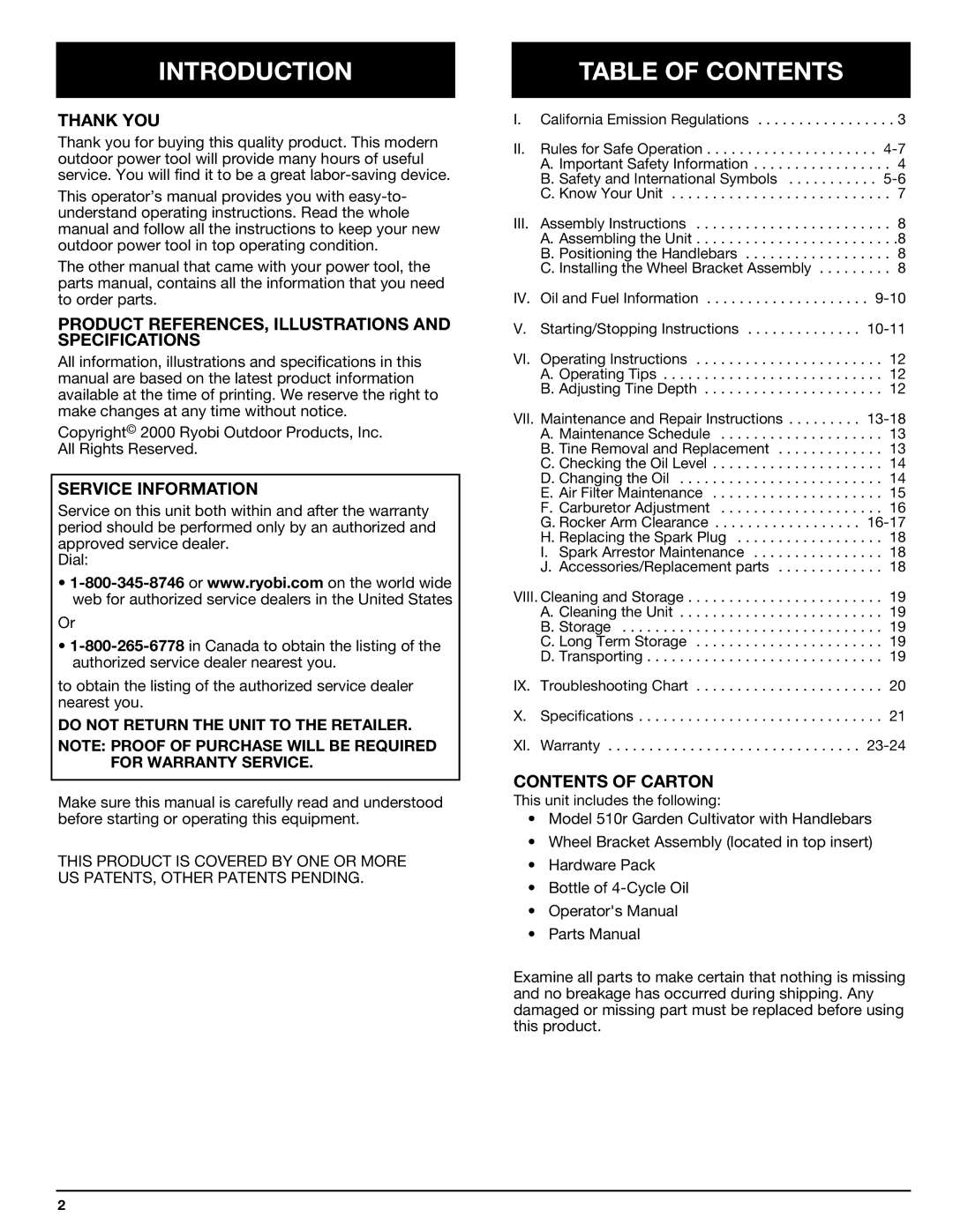 Ryobi Outdoor 510r manual Introduction, Table of Contents 