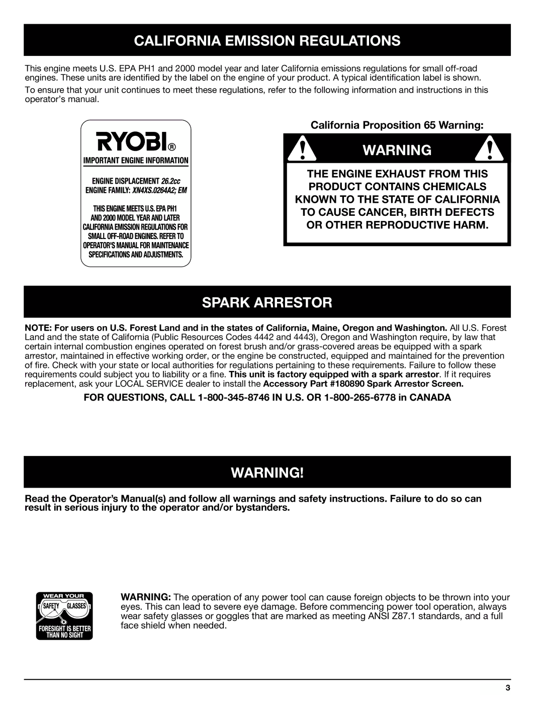 Ryobi Outdoor 510r manual California Emission Regulations, Spark Arrestor 