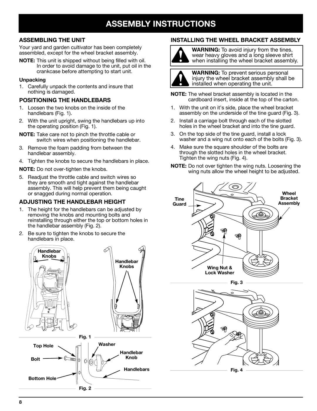 Ryobi Outdoor 510r Assembly Instructions, Assembling the Unit, Positioning the Handlebars, Adjusting the Handlebar Height 