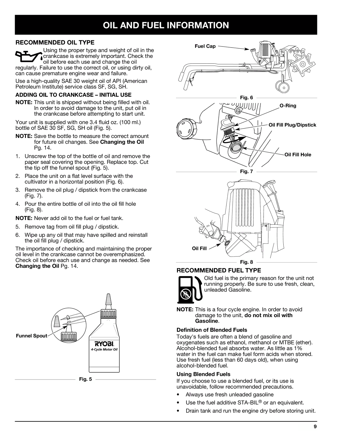 Ryobi Outdoor 510r OIL and Fuel Information, Recommended OIL Type, Recommended Fuel Type, Definition of Blended Fuels 