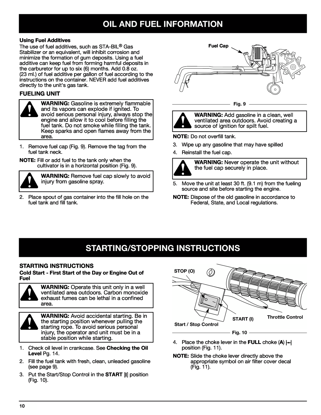 Ryobi Outdoor 510r manual Starting/Stopping Instructions, Fueling Unit, Starting Instructions, Oil And Fuel Information 