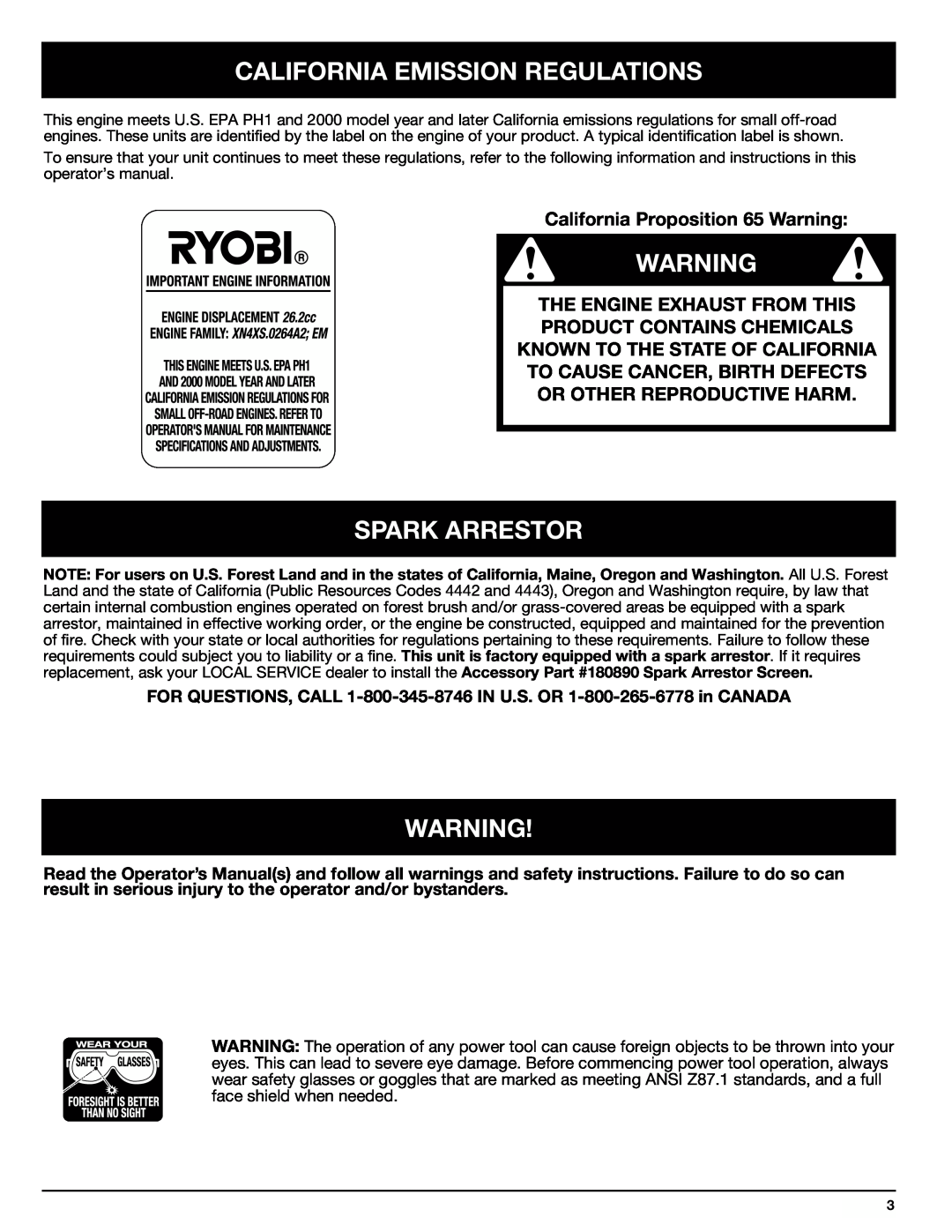 Ryobi Outdoor 510r manual California Emission Regulations, Spark Arrestor, California Proposition 65 Warning 
