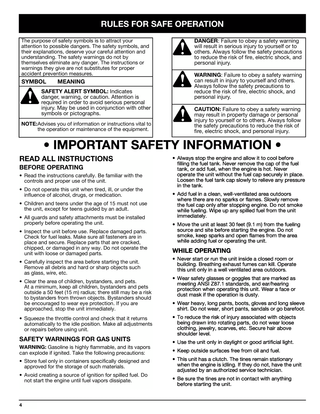 Ryobi Outdoor 510r Rules For Safe Operation, Read All Instructions, Before Operating, While Operating, Symbol Meaning 