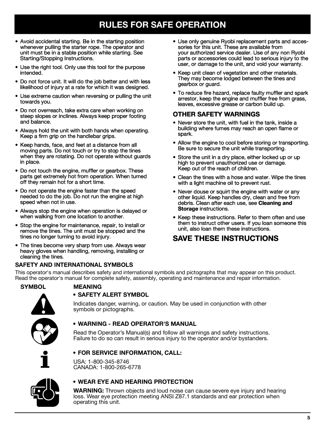 Ryobi Outdoor 510r manual Save These Instructions, Other Safety Warnings, Safety And International Symbols 