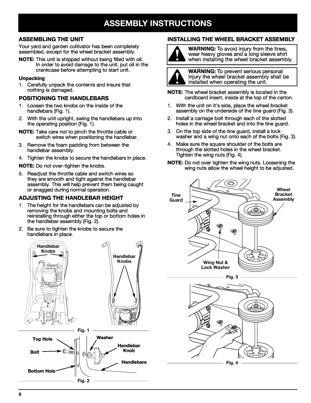 Ryobi Outdoor 510r Assembly Instructions, Assembling The Unit, Positioning The Handlebars, Adjusting The Handlebar Height 