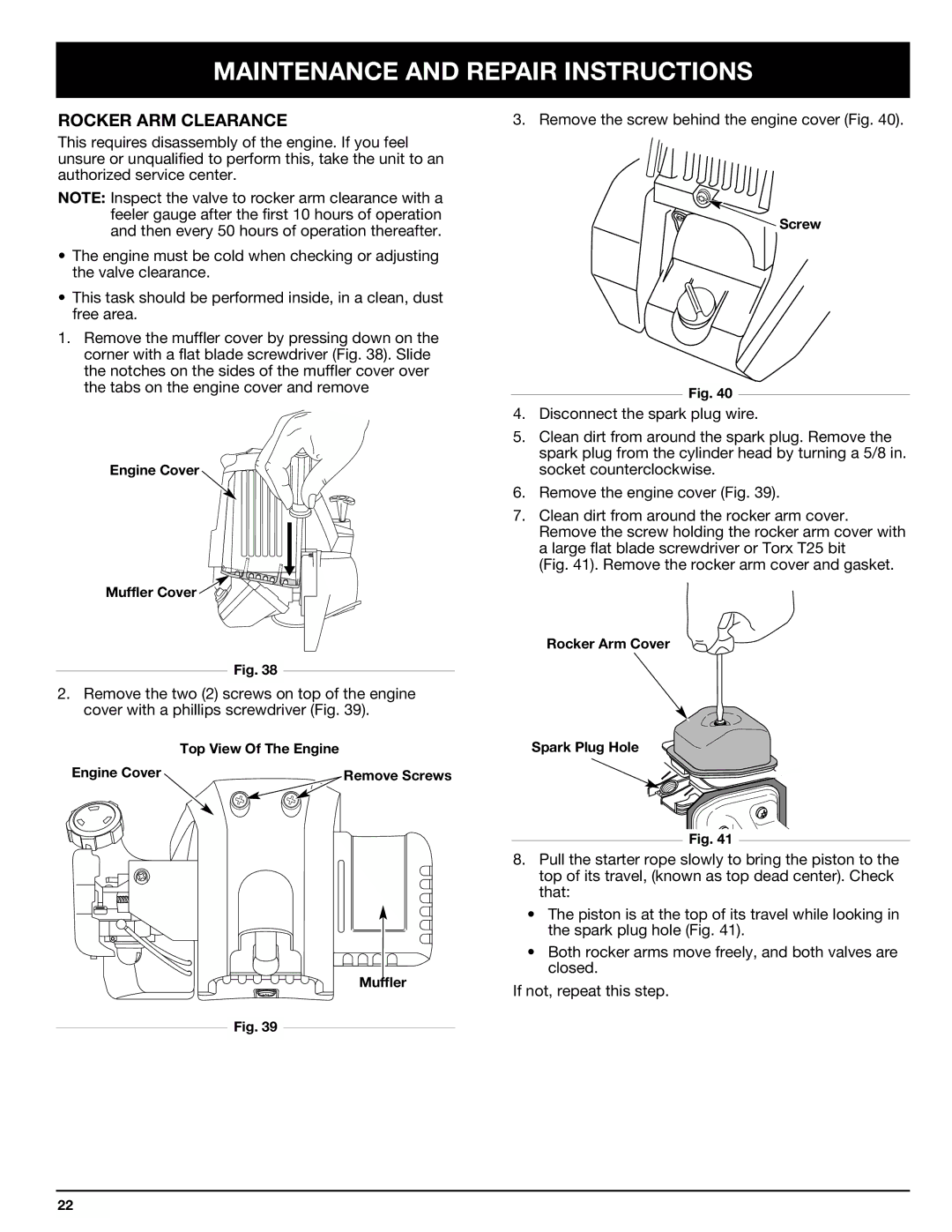 Ryobi Outdoor 875r manual Rocker ARM Clearance, Remove the rocker arm cover and gasket 