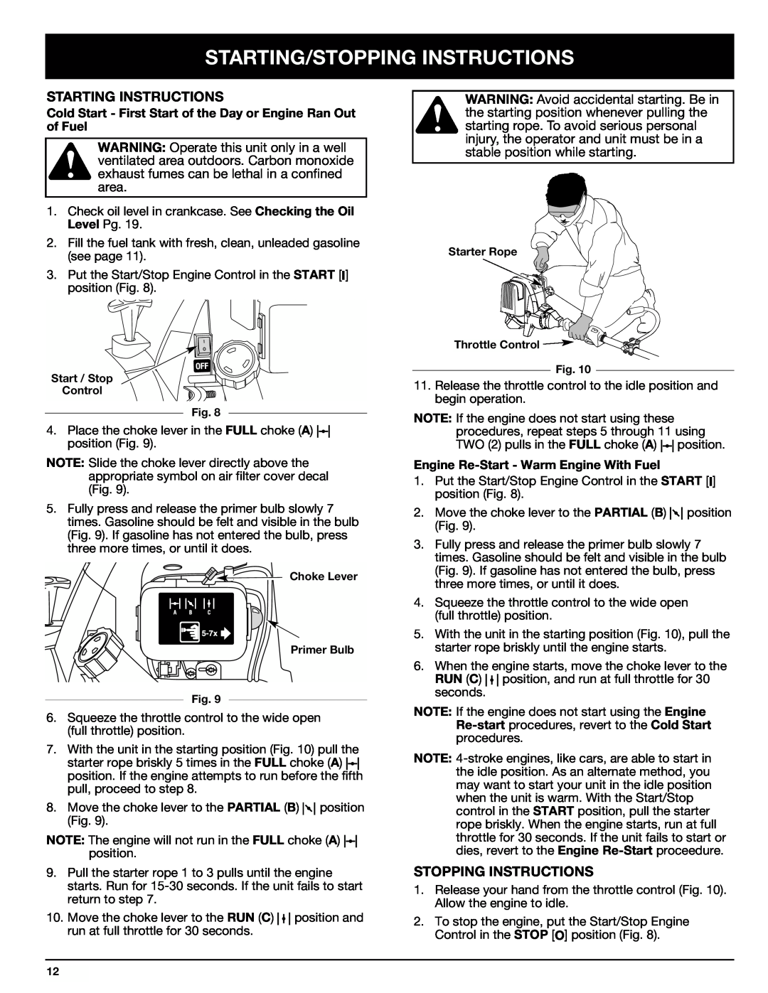 Ryobi Outdoor 875r manual Starting/Stopping Instructions, Starting Instructions 