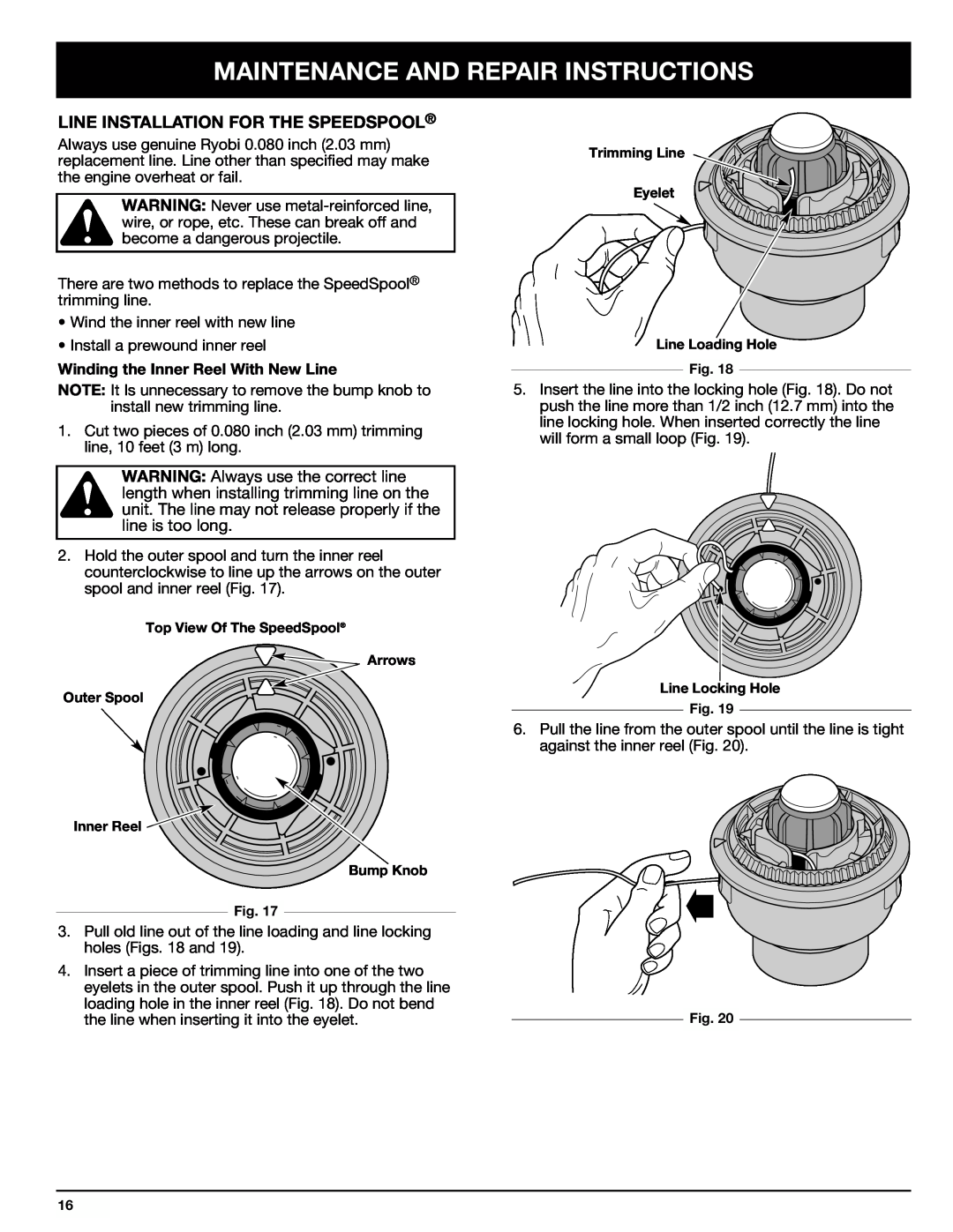 Ryobi Outdoor 875r manual Line Installation For The Speedspool, Maintenance And Repair Instructions 
