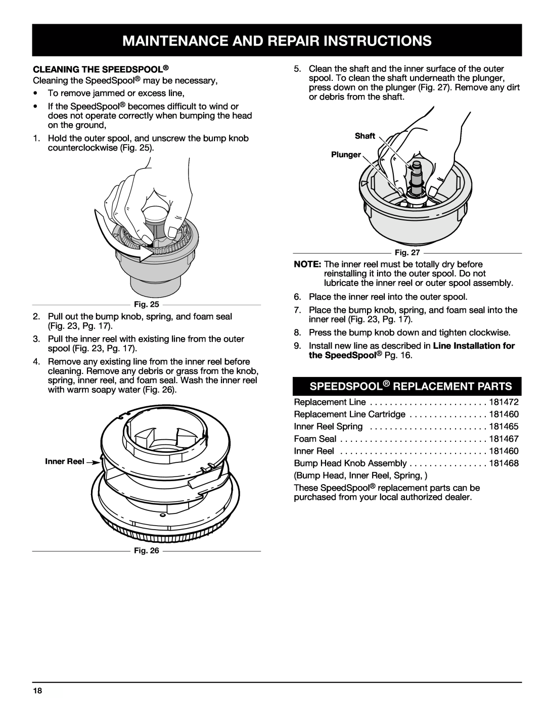 Ryobi Outdoor 875r manual Speedspool Replacement Parts, Maintenance And Repair Instructions, Cleaning The Speedspool 