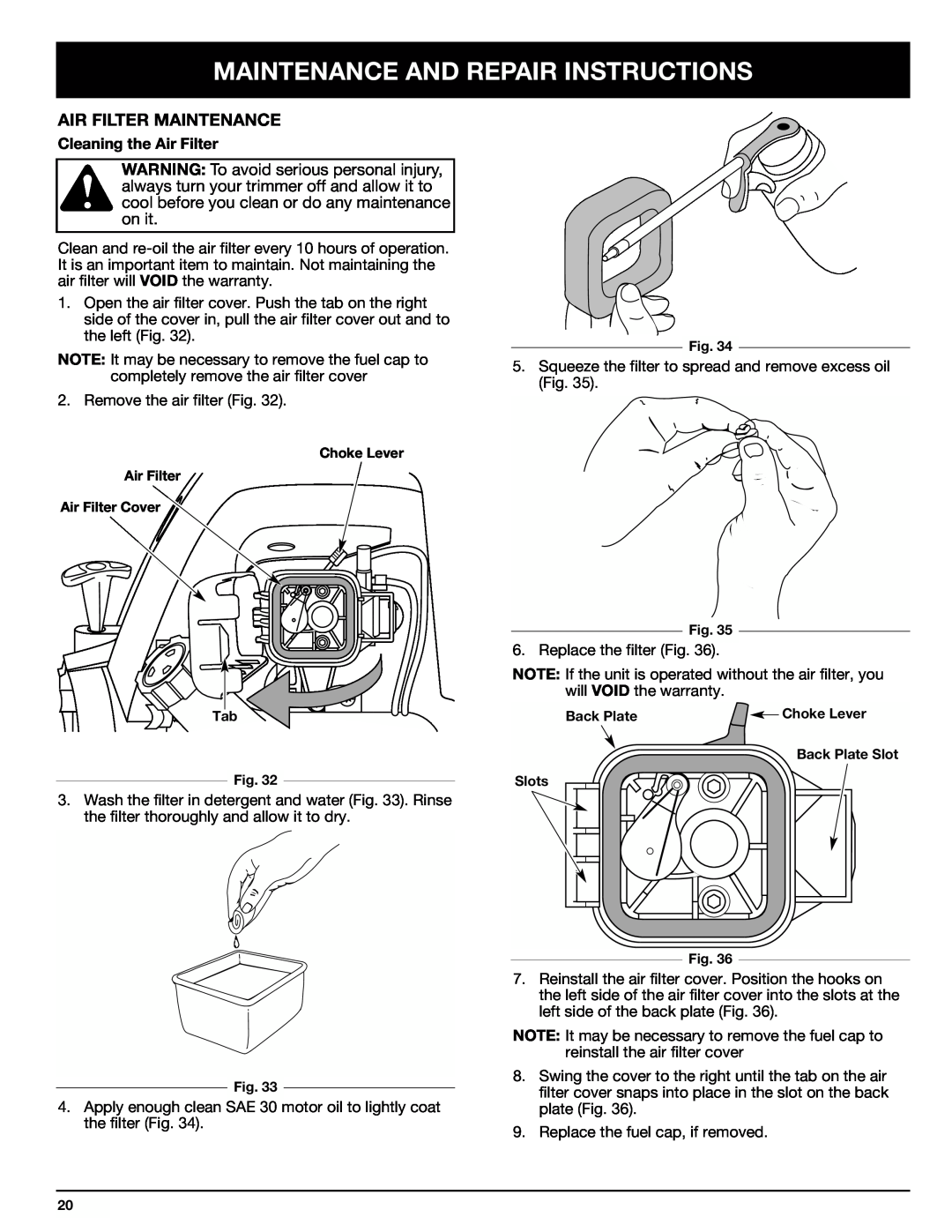 Ryobi Outdoor 875r manual Air Filter Maintenance, Maintenance And Repair Instructions, Cleaning the Air Filter 