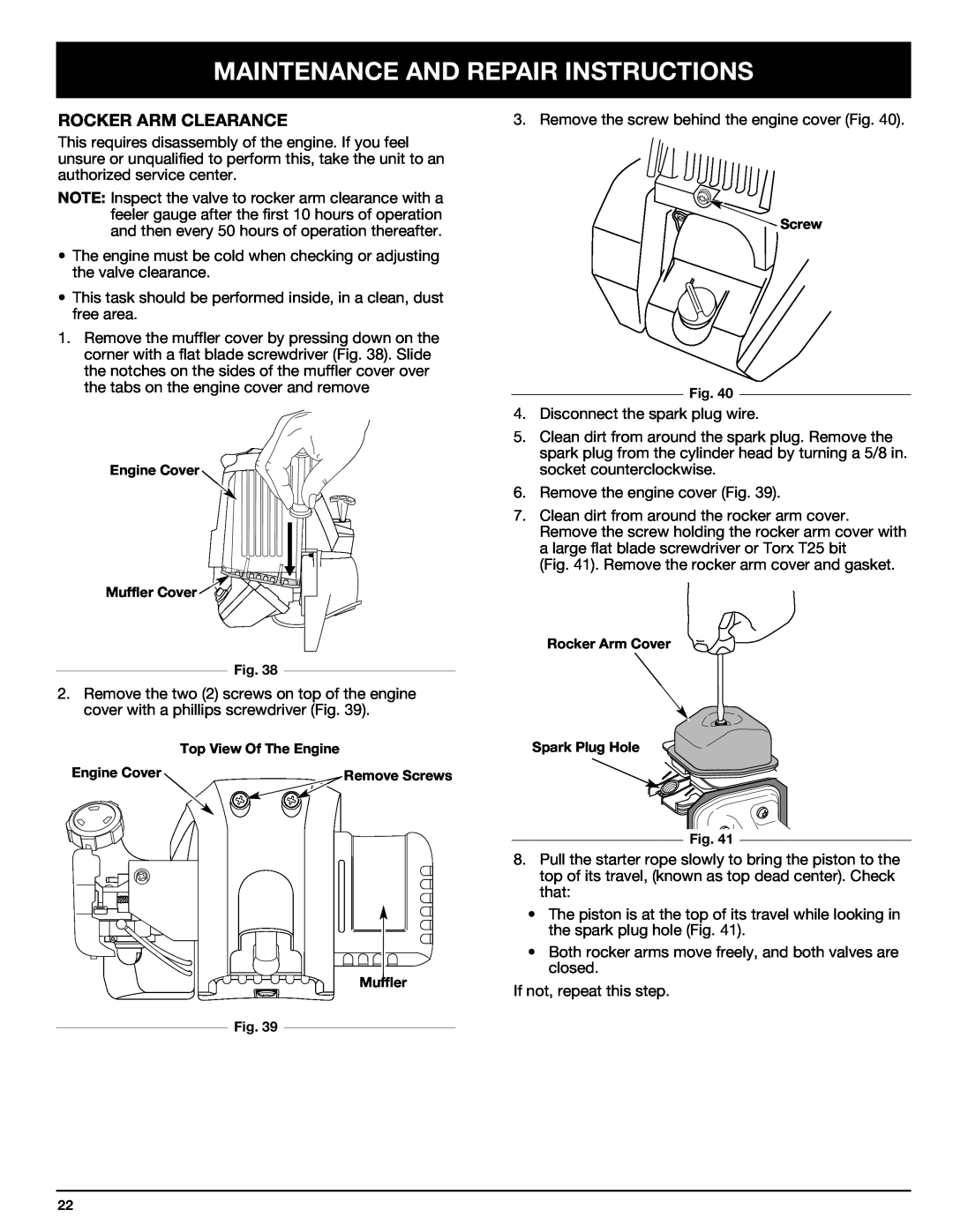 Ryobi Outdoor 875r manual Rocker Arm Clearance, Maintenance And Repair Instructions 