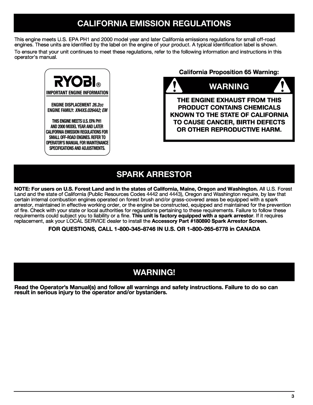 Ryobi Outdoor 875r manual California Emission Regulations, Spark Arrestor, California Proposition 65 Warning 