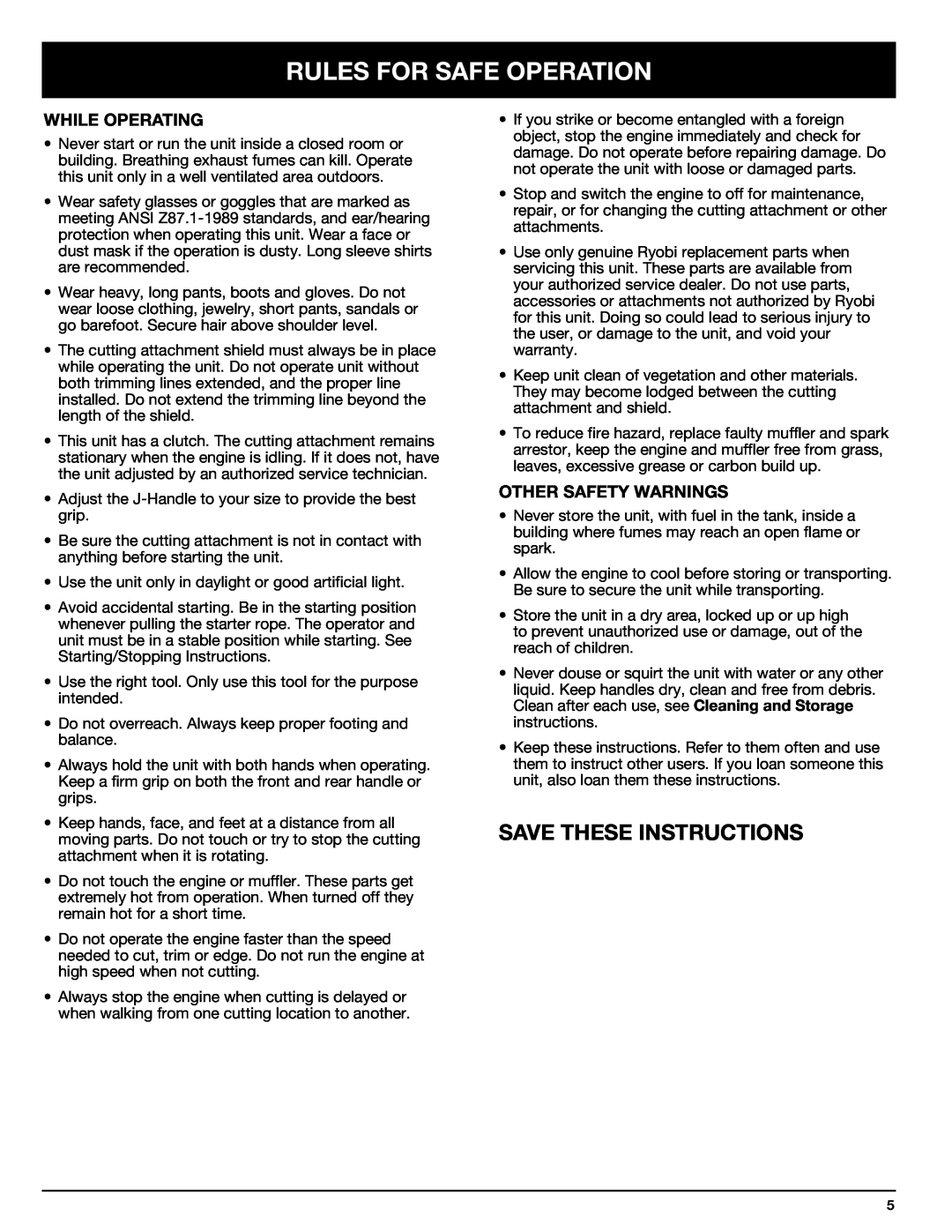 Ryobi Outdoor 875r manual Save These Instructions, While Operating, Other Safety Warnings, Rules For Safe Operation 