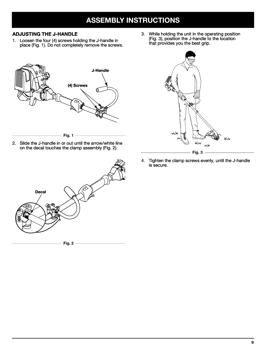 Ryobi Outdoor 875r manual Assembly Instructions, Adjusting The J-Handle 