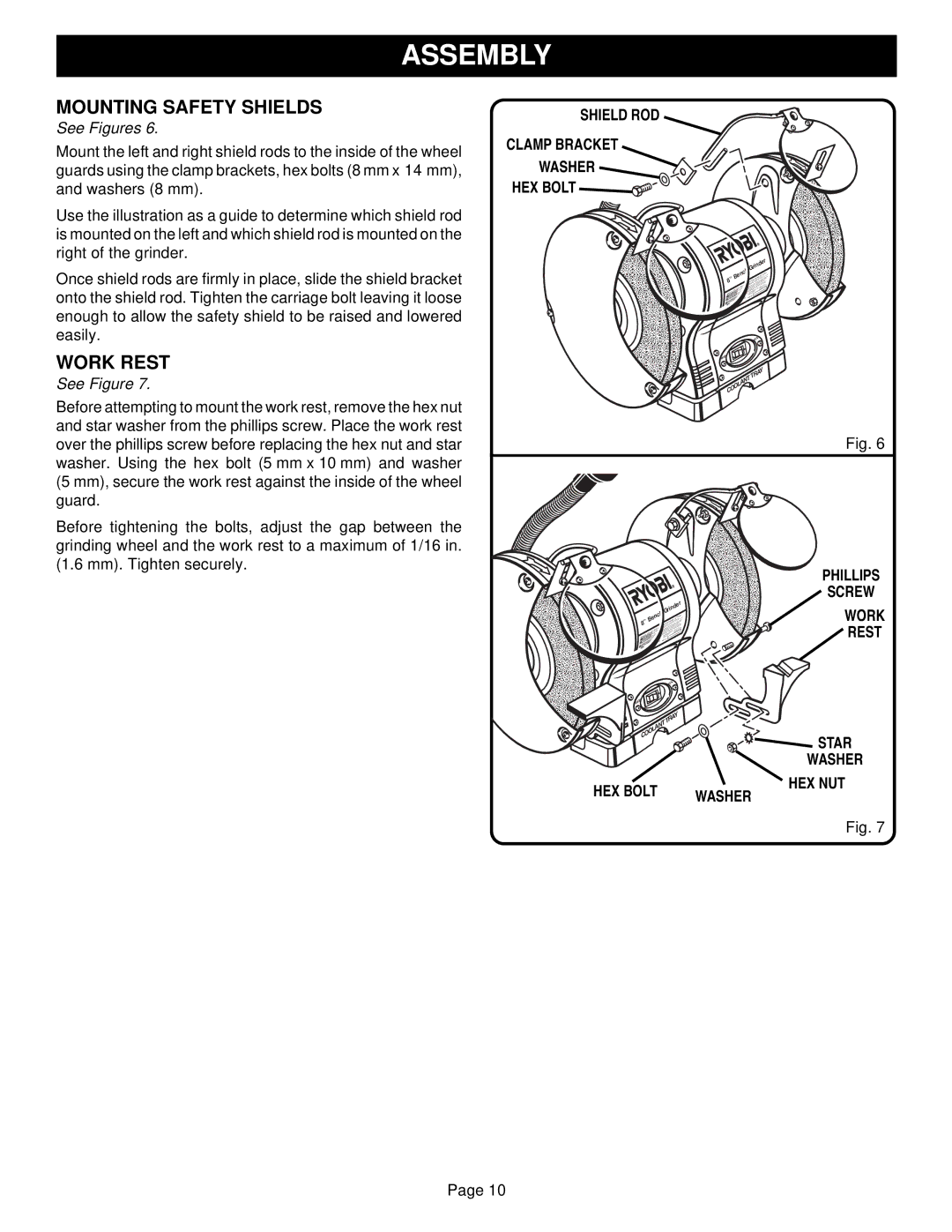 Ryobi Outdoor BGH826 warranty Mounting Safety Shields, Phillips Screw Work Rest Star Washer HEX Bolt 