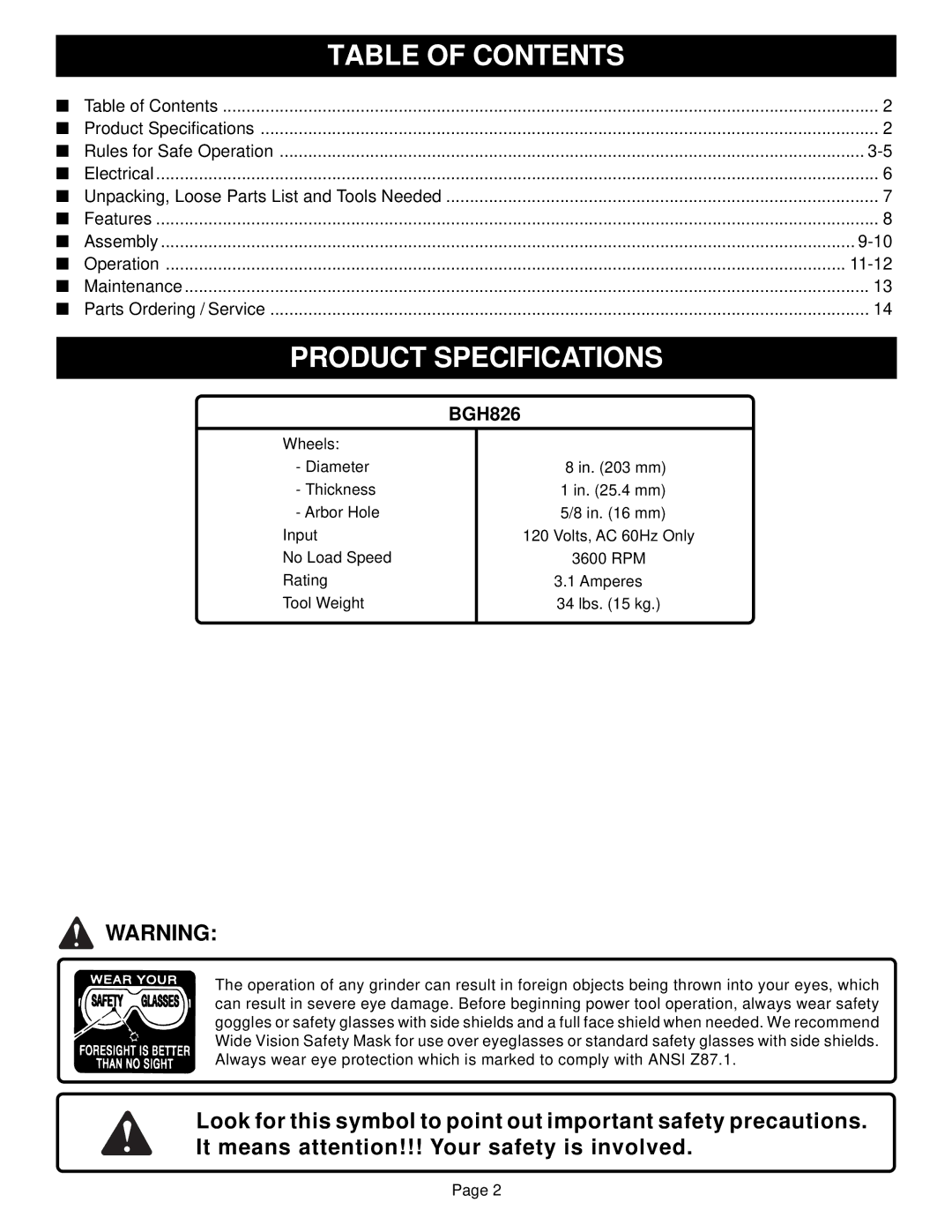 Ryobi Outdoor BGH826 warranty Table of Contents, Product Specifications 