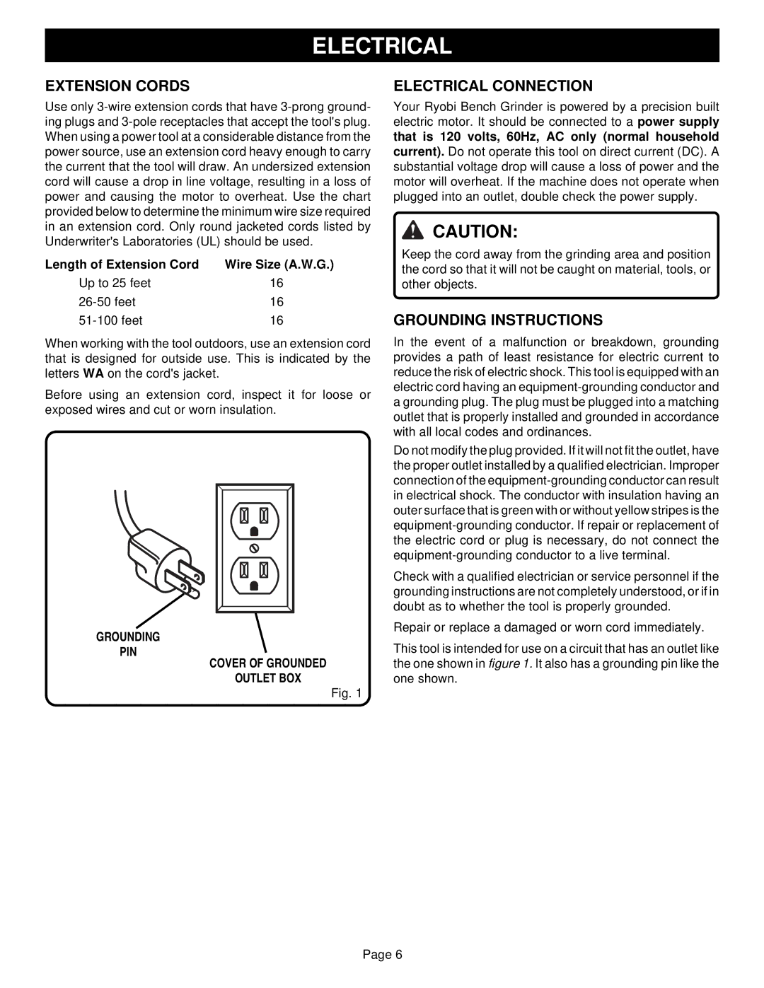 Ryobi Outdoor BGH826 warranty Extension Cords, Electrical Connection, Grounding Instructions 