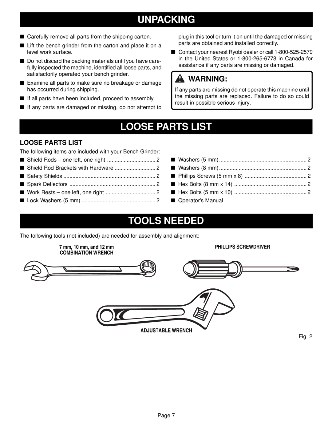 Ryobi Outdoor BGH826 warranty Unpacking, Loose Parts List, Tools Needed 