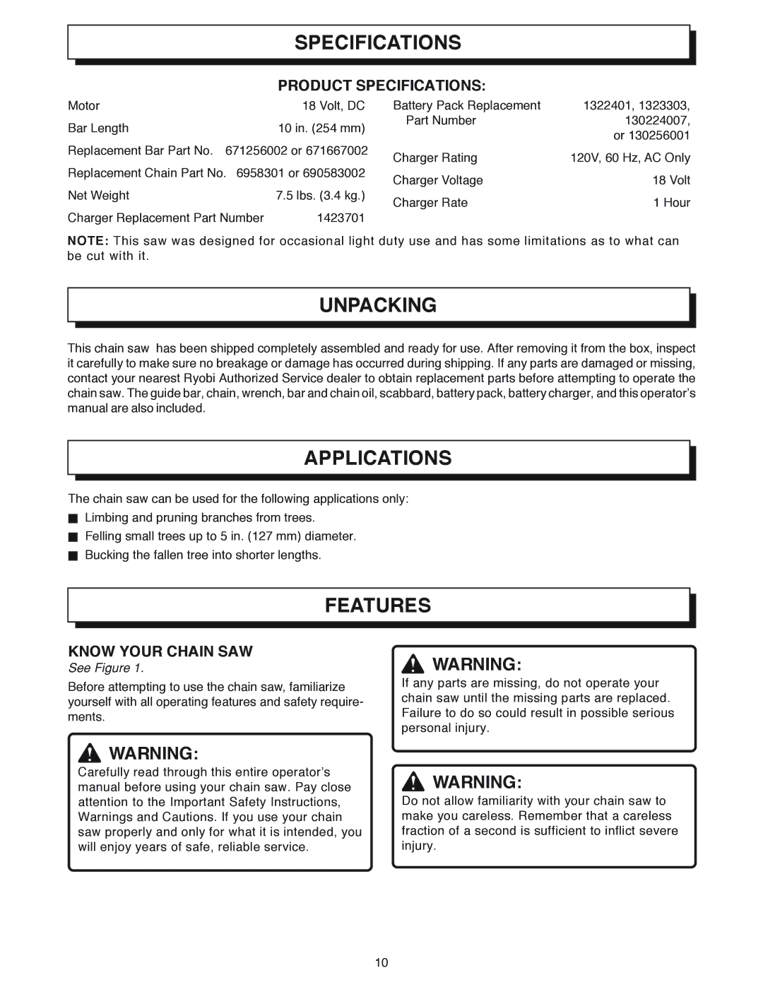 Ryobi Outdoor CS1800 manual Specifications, Unpacking, Applications, Features 