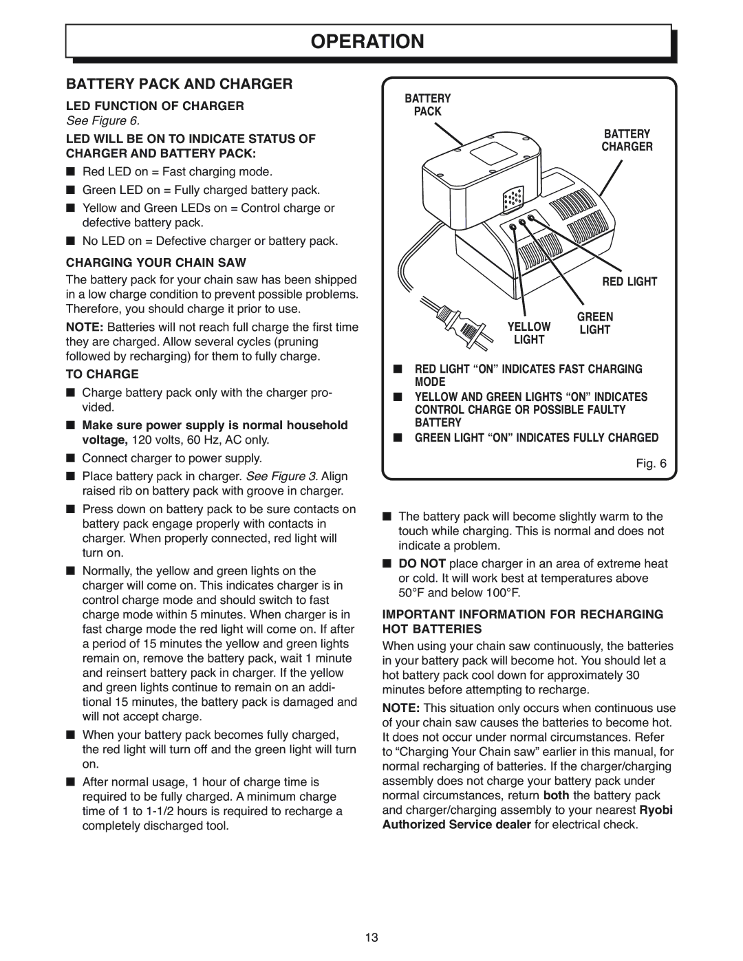 Ryobi Outdoor CS1800 manual Operation, Battery Pack and Charger 