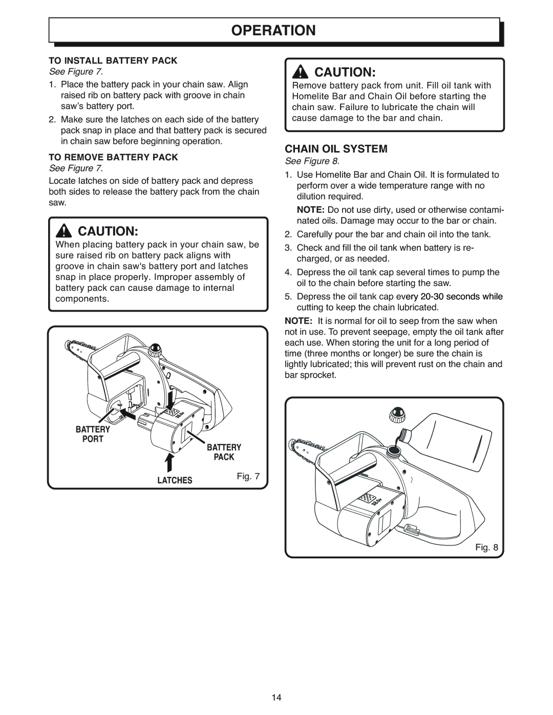 Ryobi Outdoor CS1800 manual Chain OIL System, To Install Battery Pack, To Remove Battery Pack, Battery Port Pack Latches 