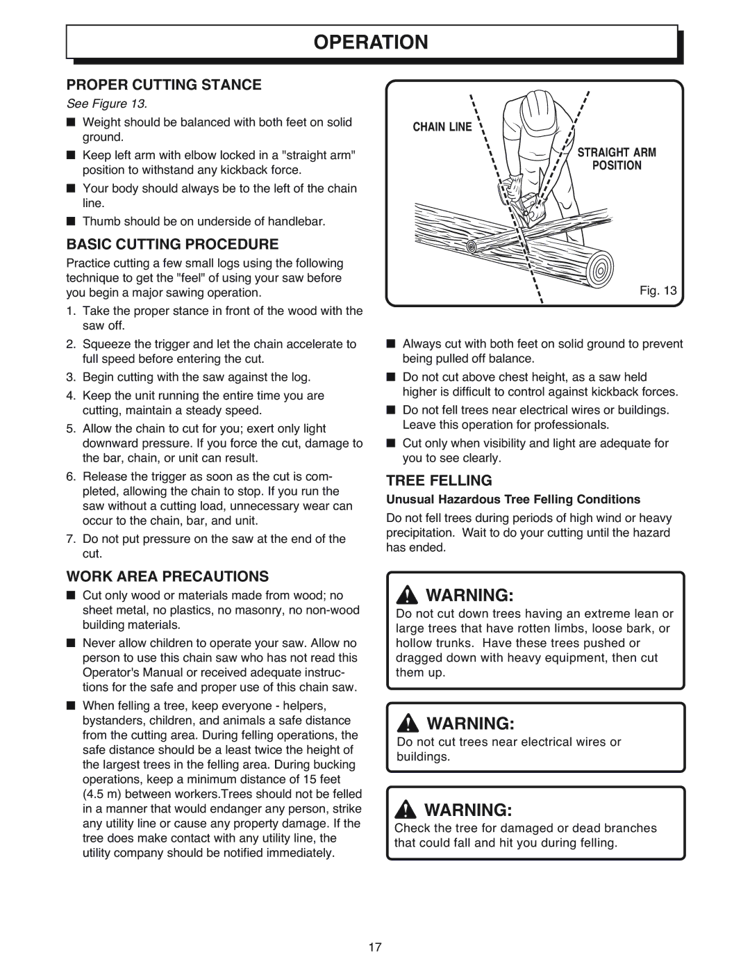 Ryobi Outdoor CS1800 manual Proper Cutting Stance, Basic Cutting Procedure, Tree Felling, Work Area Precautions 