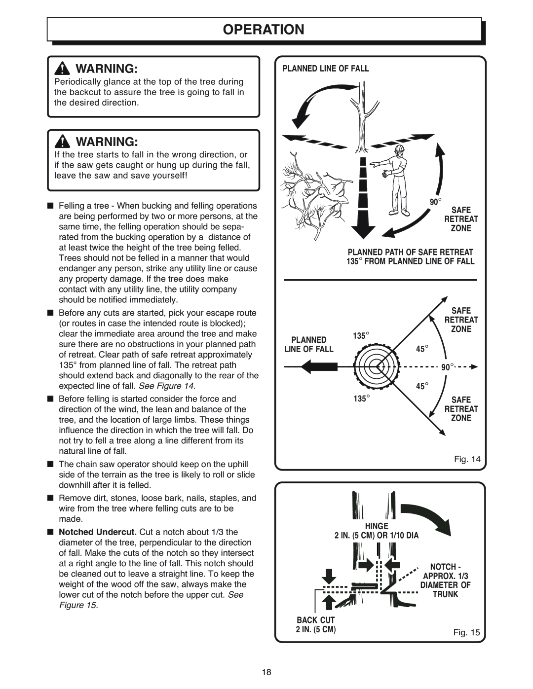 Ryobi Outdoor CS1800 Planned Line of Fall Safe Retreat Zone, Retreat Zone Hinge, Notch Approx /3 Diameter Trunk Back CUT 