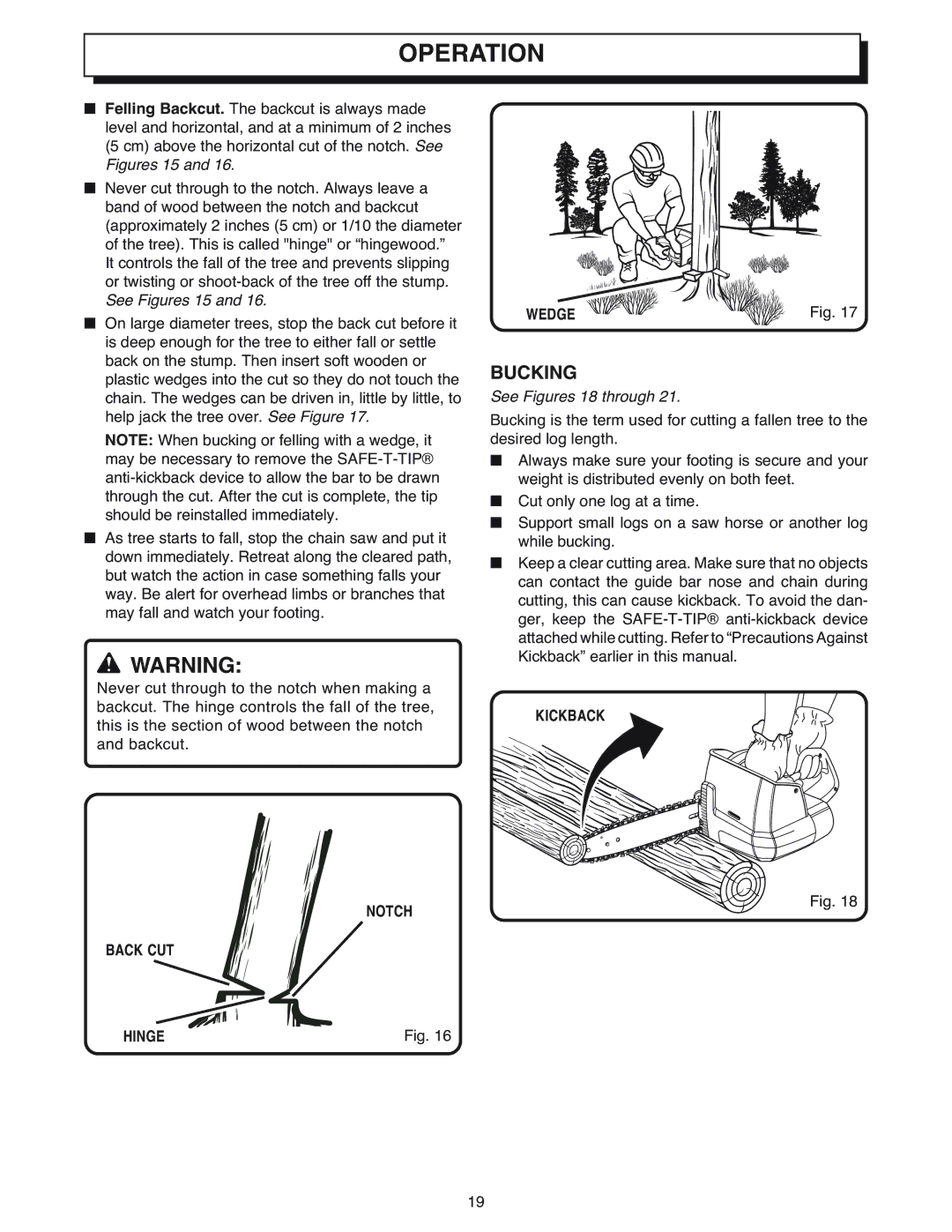 Ryobi Outdoor CS1800 manual Bucking, Wedge, See Figures 18 through, Notch Back CUT Hinge Kickback 