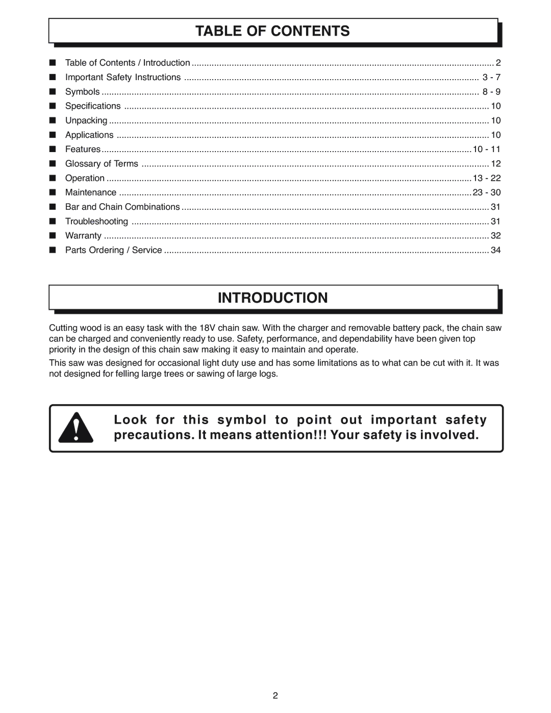 Ryobi Outdoor CS1800 manual Table of Contents, Introduction 