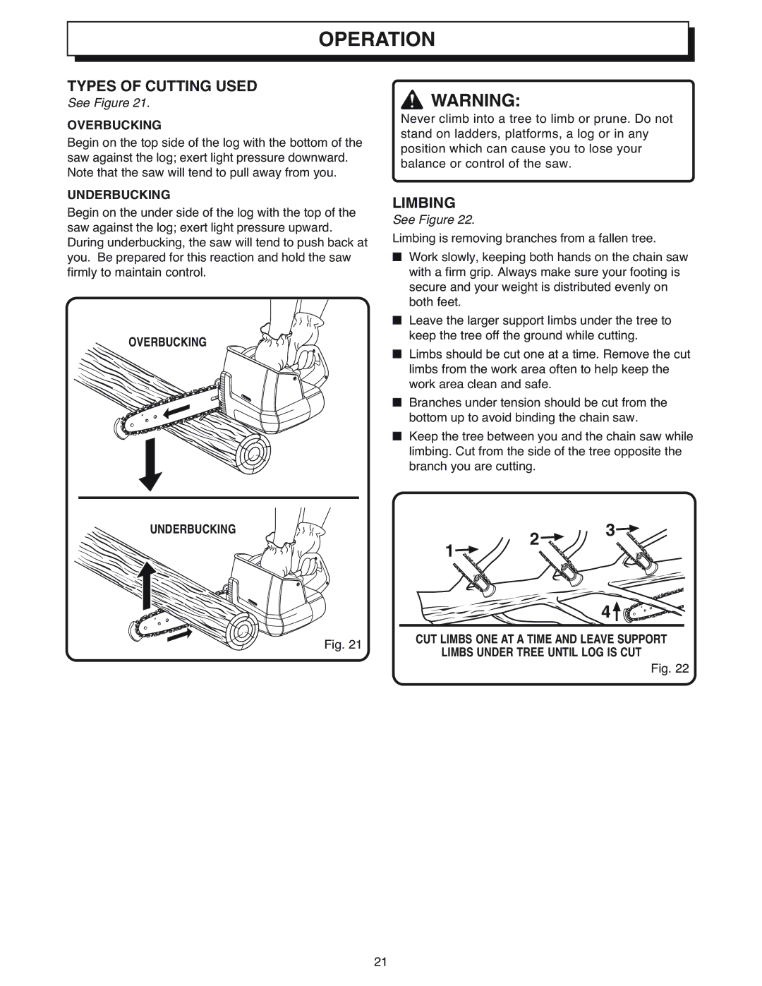 Ryobi Outdoor CS1800 manual Types of Cutting Used, Limbing, Overbucking, Underbucking 