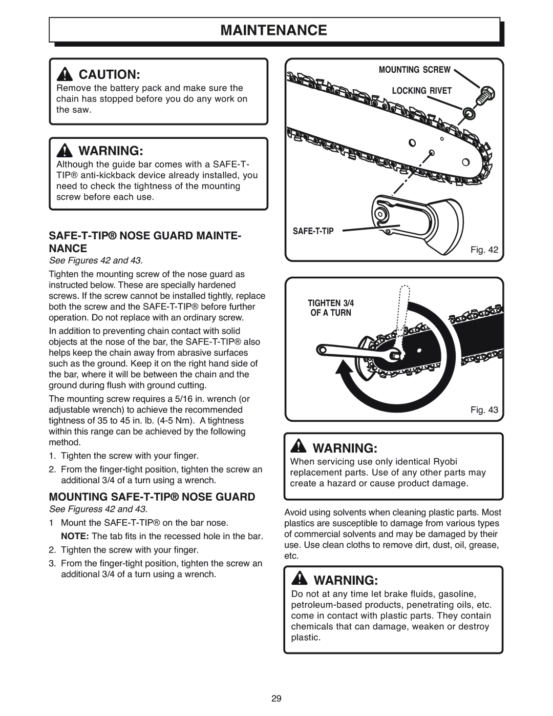 Ryobi Outdoor CS1800 SAFE-T-TIP Nose Guard MAINTE- Nance, Mounting SAFE-T-TIP Nose Guard, See Figures 42, See Figuress 42 