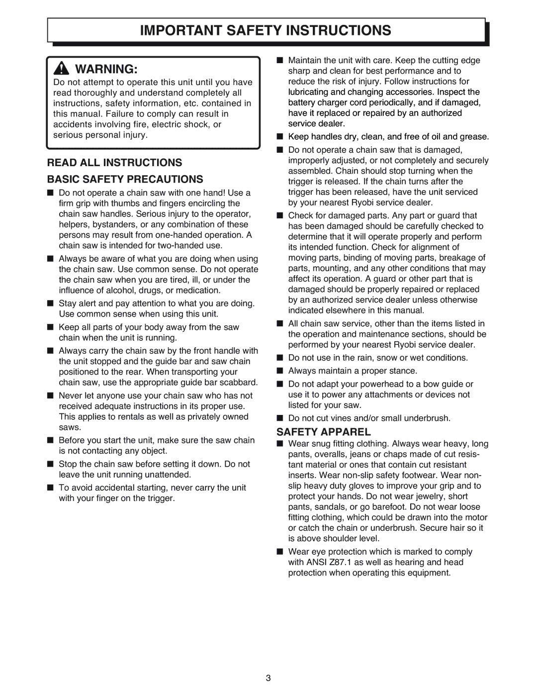 Ryobi Outdoor CS1800 manual Important Safety Instructions, Read ALL Instructions Basic Safety Precautions, Safety Apparel 