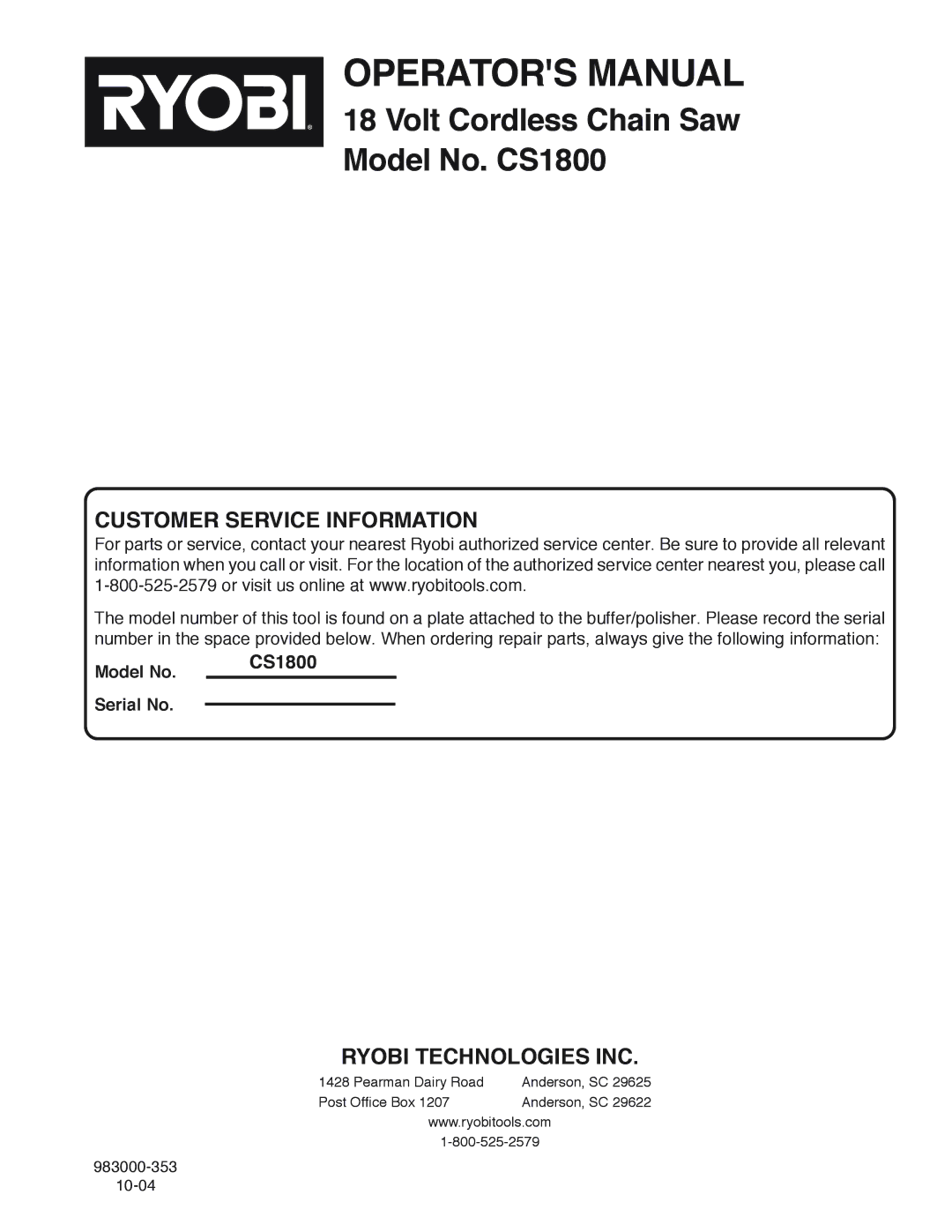 Ryobi Outdoor manual Volt Cordless Chain Saw Model No. CS1800 