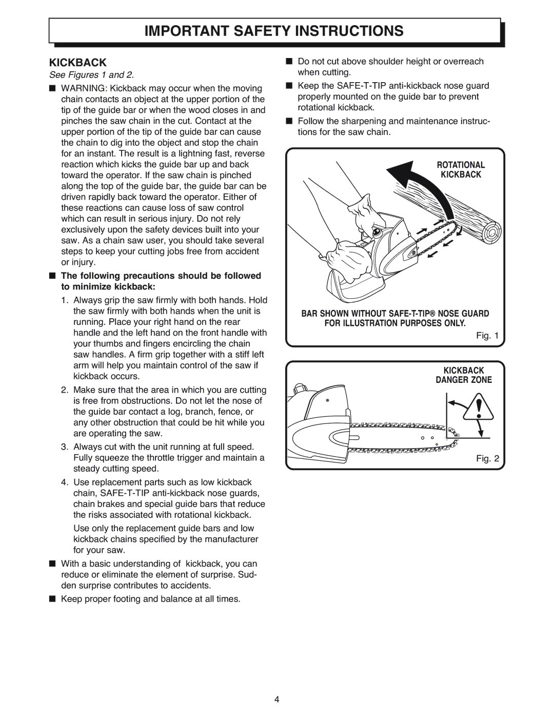 Ryobi Outdoor CS1800 manual Kickback, See Figures 1 