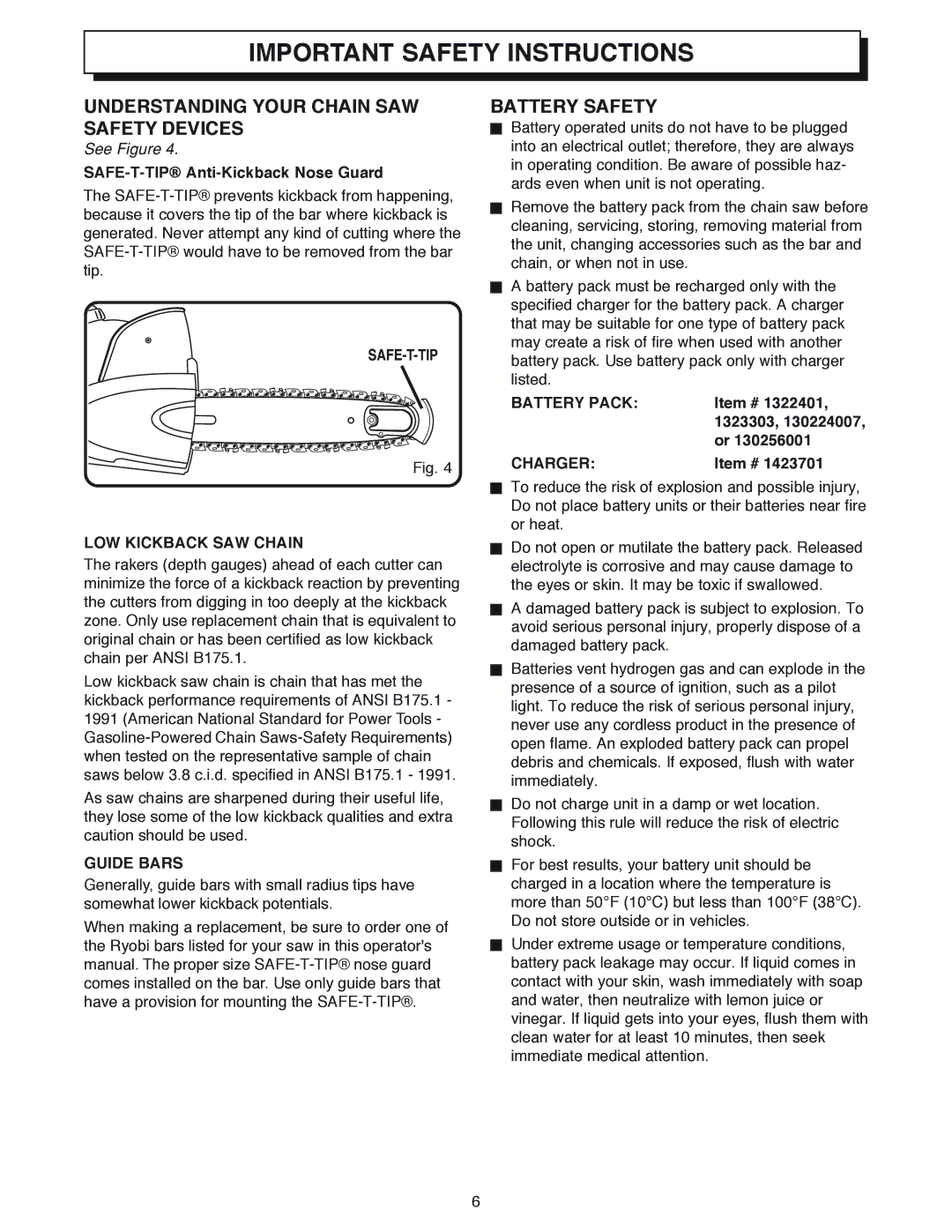 Ryobi Outdoor CS1800 manual Understanding Your Chain SAW Safety Devices, Battery Safety 