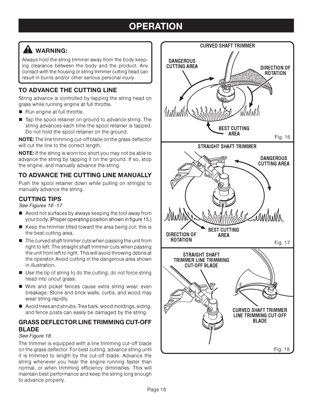 Ryobi Outdoor CS30 RY30020A, SS30 RY30040A, BC30 RY30060A manual To Advance the Cutting Line, Cutting Tips, See Figures 16 