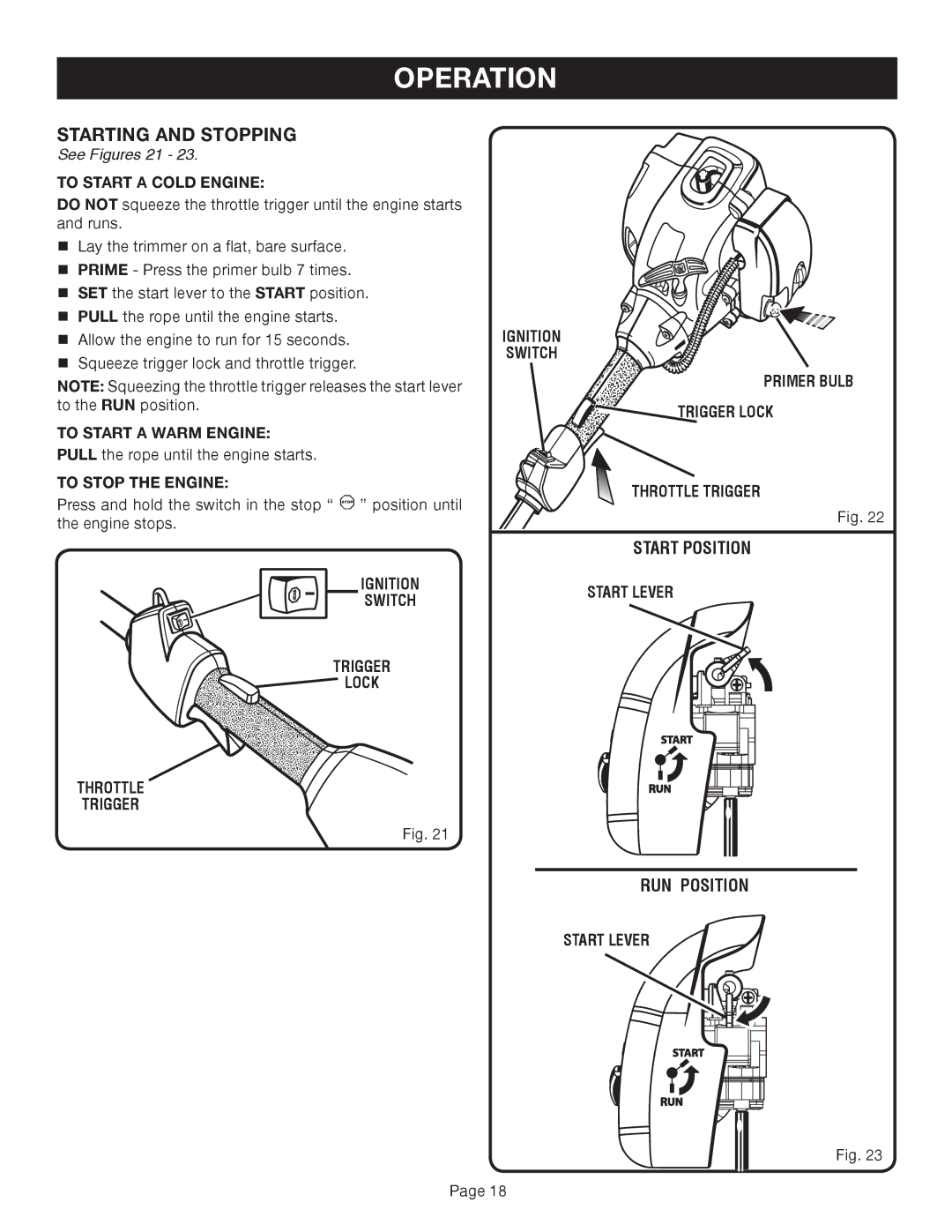 Ryobi Outdoor CS30 RY30020A, SS30 RY30040A, BC30 RY30060A manual Starting and Stopping, See Figures 21 