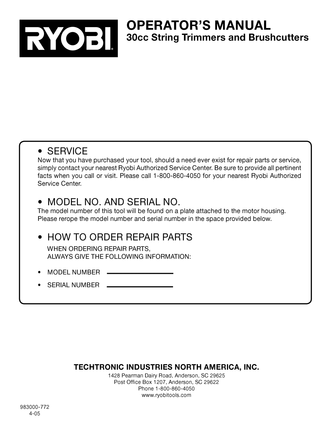 Ryobi Outdoor CS30 RY30020B, SS30 RY30040B, BC30 RY30060B manual Service 