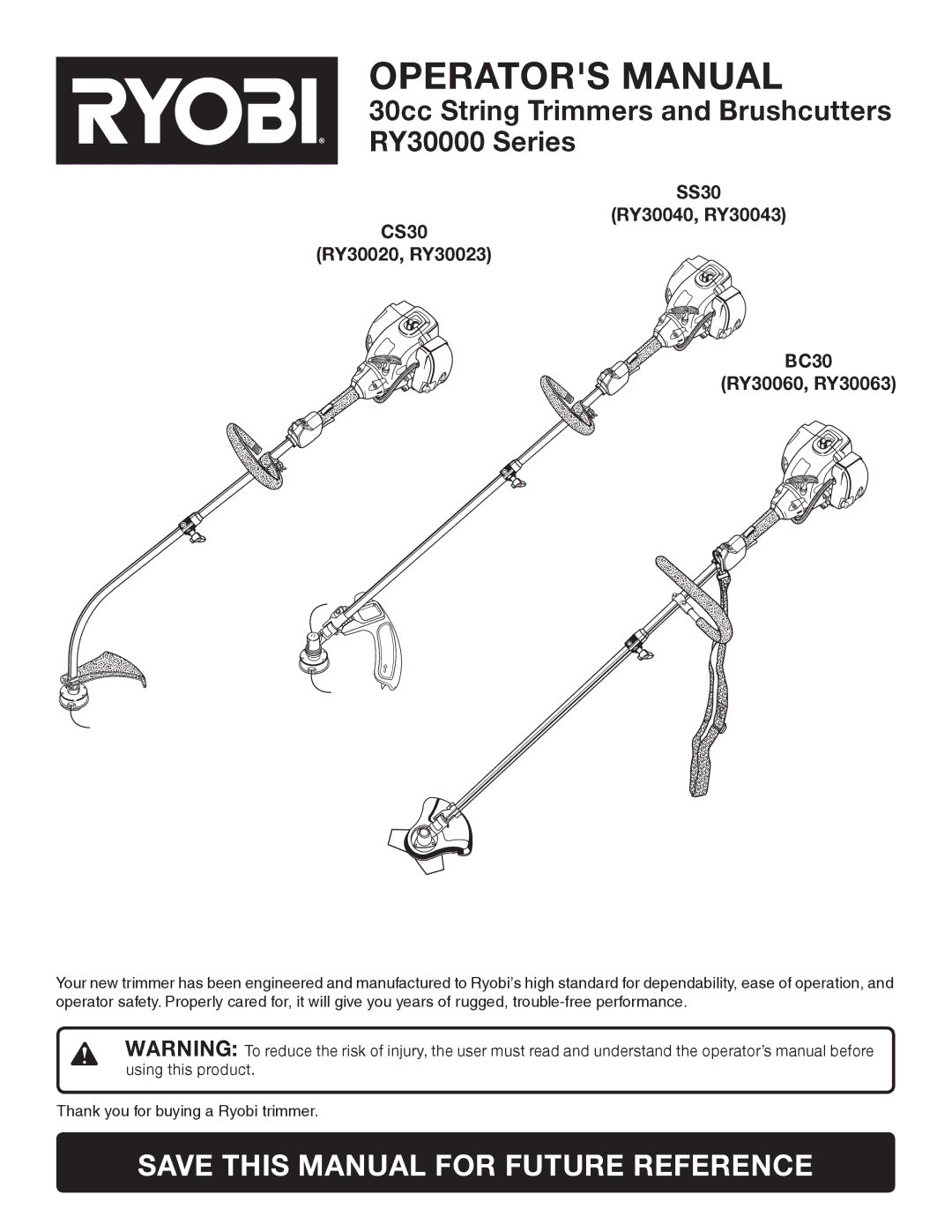 Ryobi Outdoor CS30, SS30, BC30 manual Operators Manual 