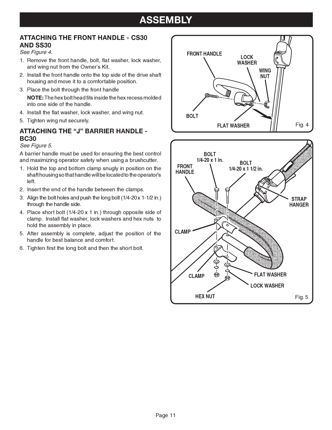 Ryobi Outdoor CS30, SS30, BC30 manual Attaching the Front Handle CS30 and SS30, Attaching the J Barrier Handle BC30 