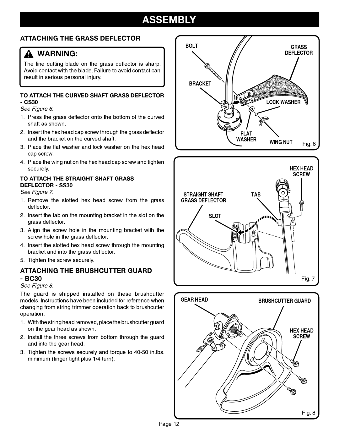 Ryobi Outdoor CS30, SS30, BC30 manual Attaching the Grass Deflector, Attaching the Brushcutter Guard BC30 