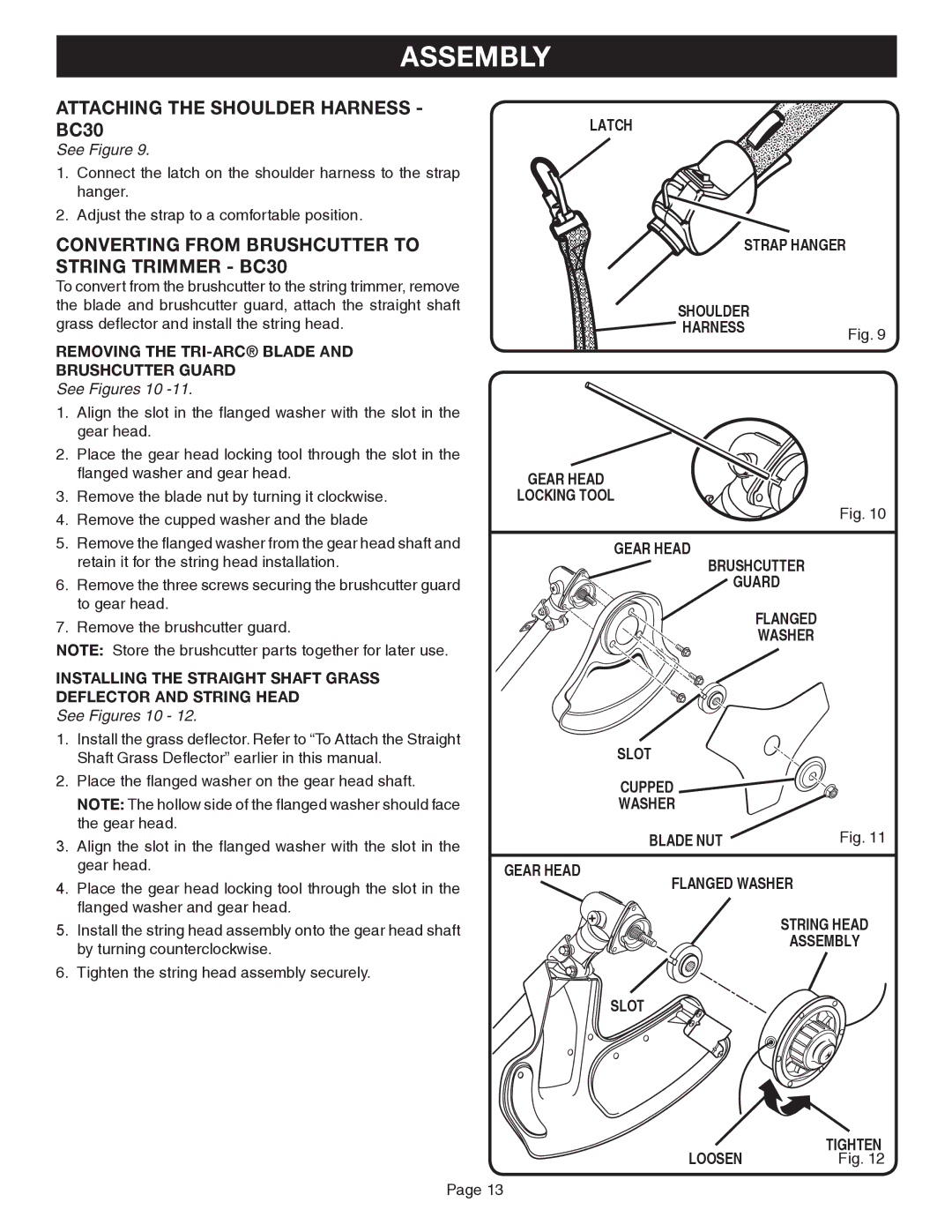 Ryobi Outdoor CS30, SS30, BC30 Attaching the Shoulder Harness BC30, Converting from Brushcutter to String Trimmer BC30 