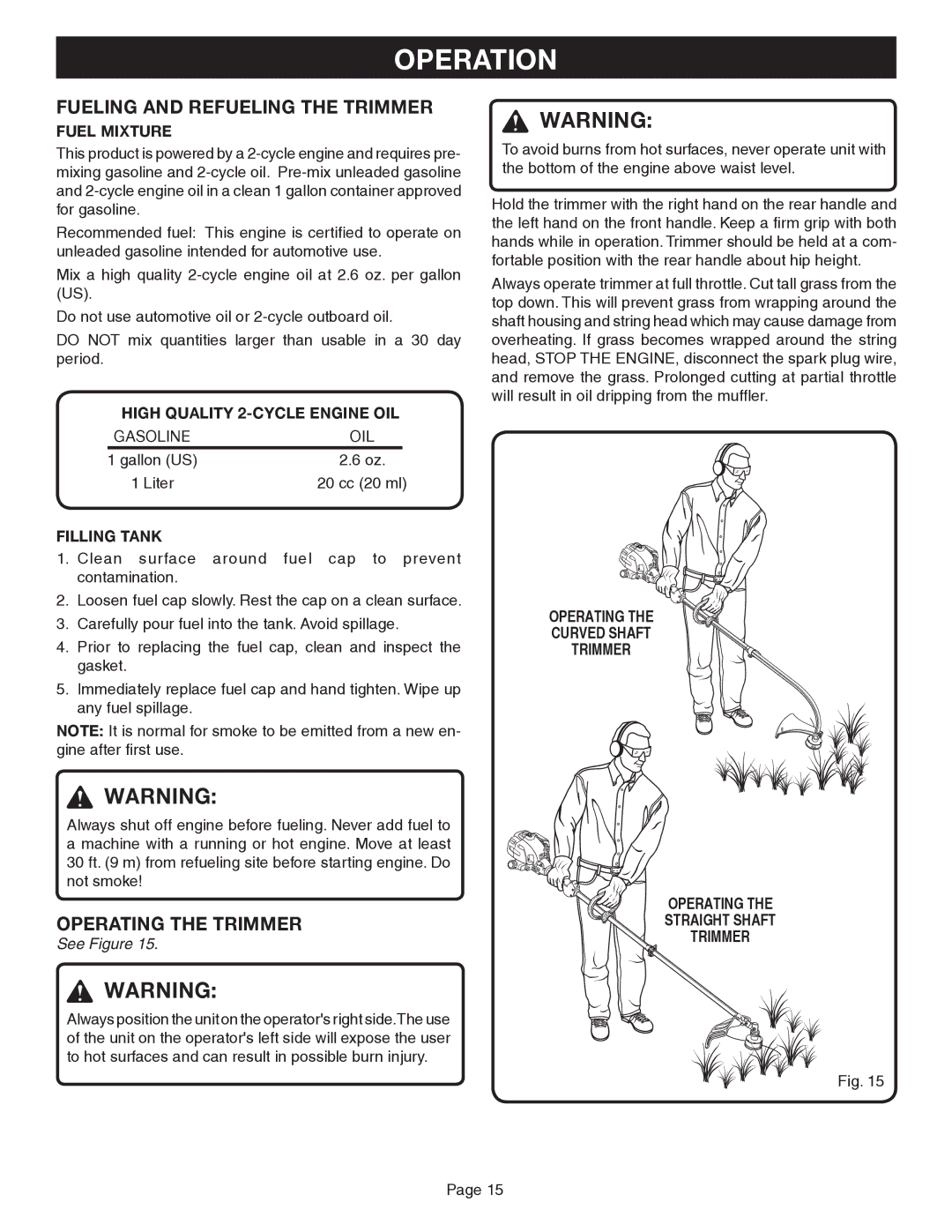 Ryobi Outdoor CS30, SS30, BC30 manual Operation, Fueling and Refueling the Trimmer, Operating the Trimmer 