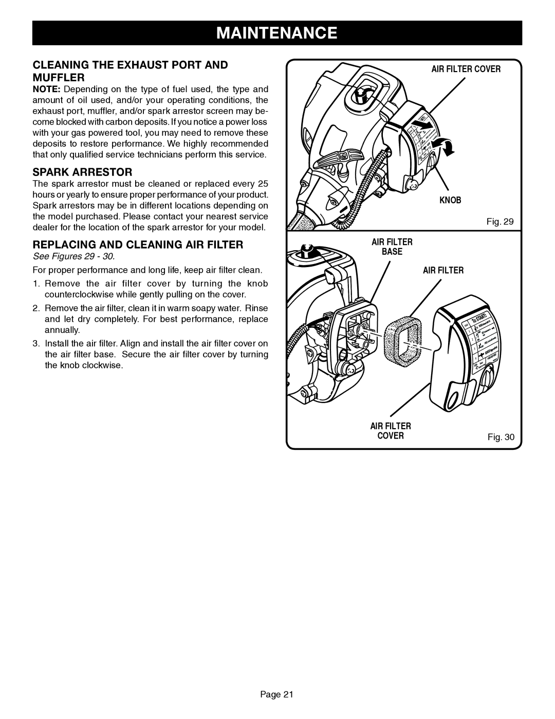 Ryobi Outdoor CS30, SS30, BC30 Cleaning the Exhaust Port and Muffler Spark Arrestor, Replacing and Cleaning AIR Filter 