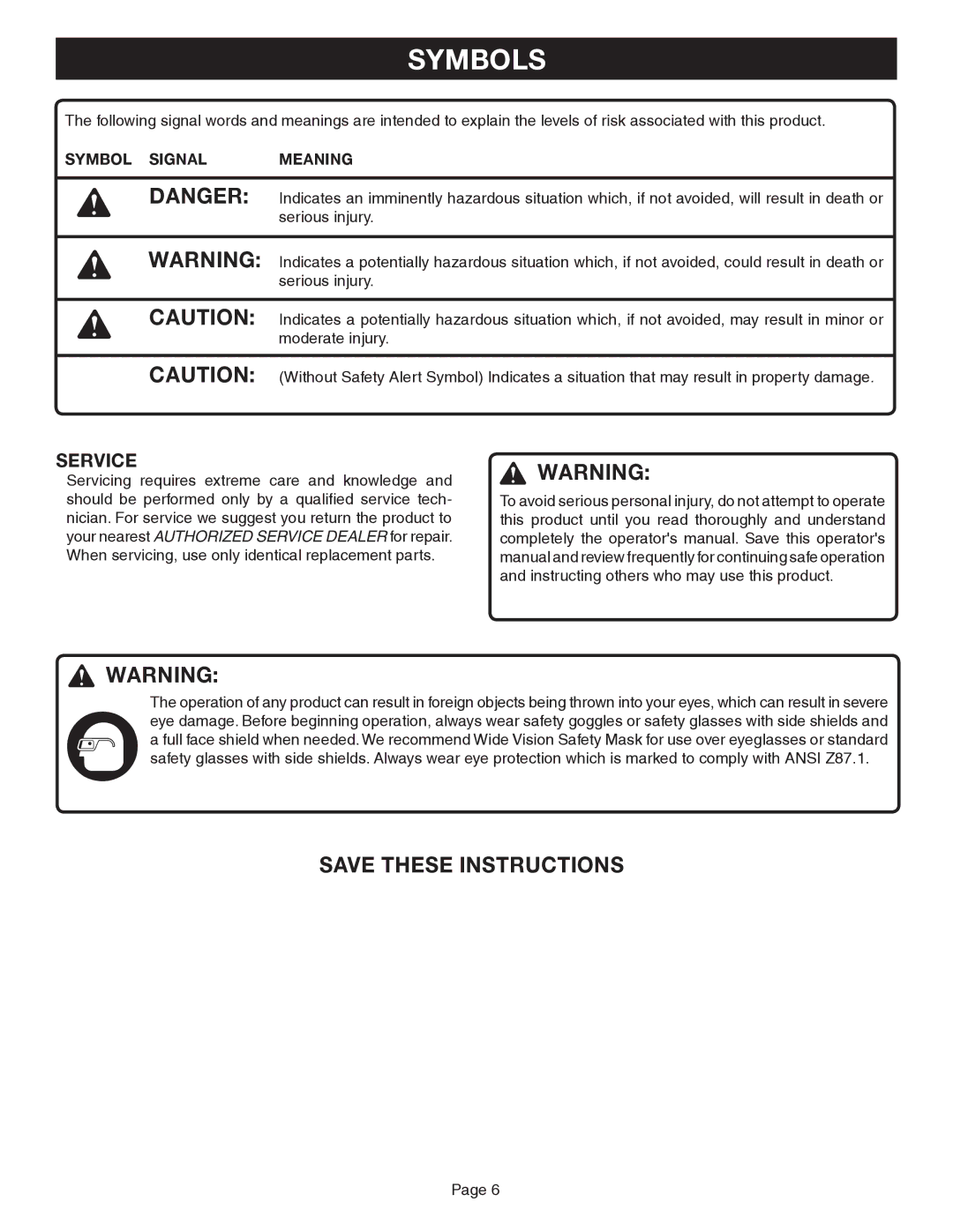 Ryobi Outdoor CS30, SS30, BC30 manual Service, Symbol Signal Meaning 