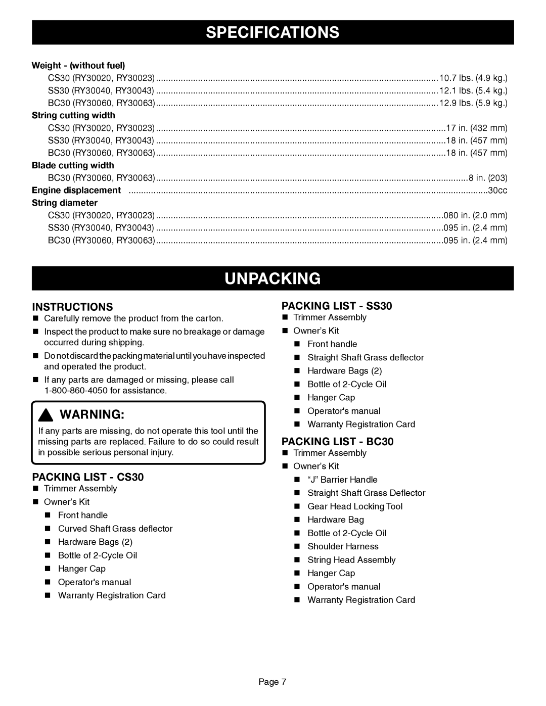 Ryobi Outdoor CS30, SS30, BC30 manual Specifications, Unpacking 