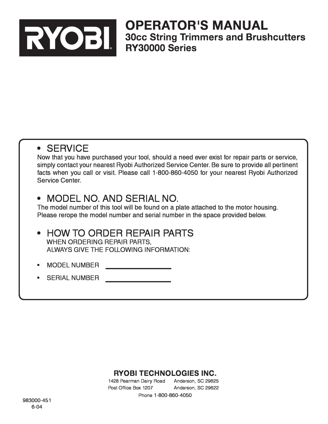 Ryobi Outdoor CS30, SS30, BC30 manual Ryobi Technologies Inc, Operators Manual, Service, Model No. And Serial No 